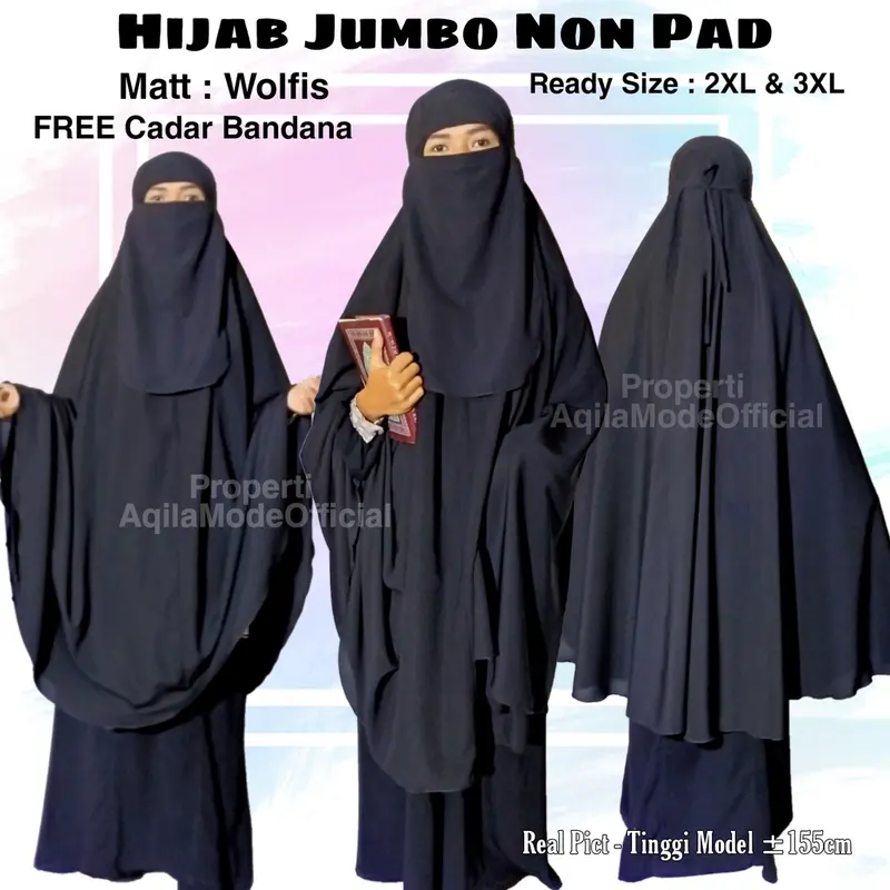 2XL & 3XL Non Pad Gratis Niqab Bandana Khimar Syar'i Extra Jumbo XXL / XXXL Non Pet Niqob Jilbab Instan Hijab Syari Kerudung Instant Wolfis Panjang Tangan 1