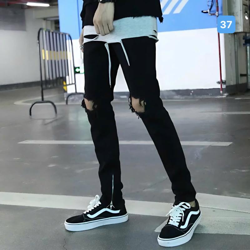 Quần jean nam [ FREESHIP ] Mã 37 Quần bò nam màu đen rách gối phối khóa kéo ở gấu - Quần dài nam chất jean co giãn phong cách thời trang Menswear Pants Có Túi