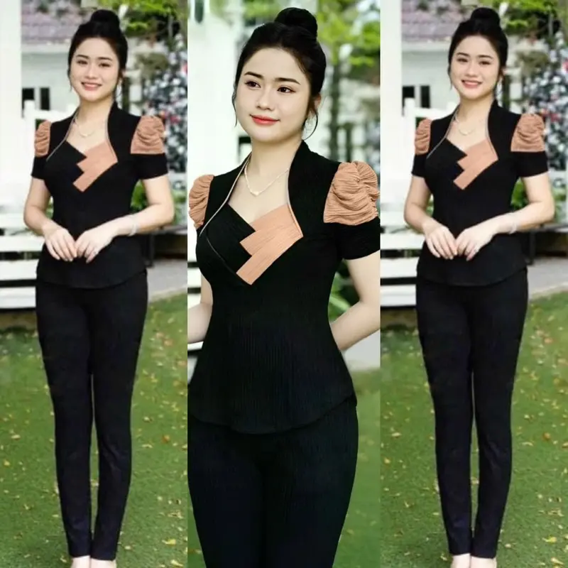 Bộ đồ phối chéo 2 bên tay áo ngắn nhún viền bo, quần ống ôm X111 - Chất liệu Thun xốp nhật co giãn bốn chiều cân đối SEO 2