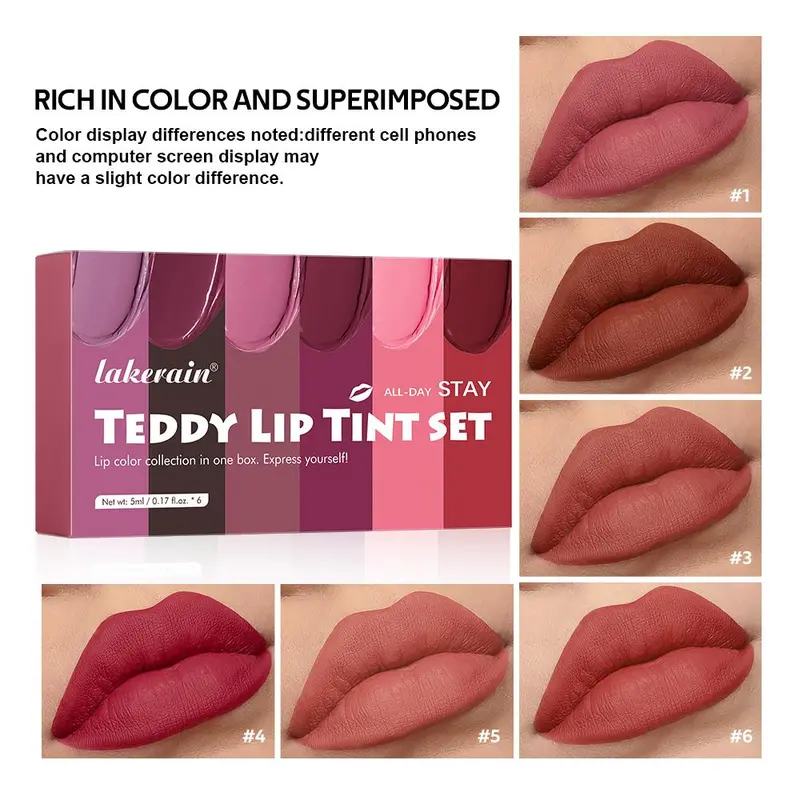 Long-lasting Lip Tint Set, 6pcs/set Natural Matte Finish Highly Pigmented Liquid Lipstick, Waterproof, Smudge-proof Lip Gloss for All Occasions Lip Makeup, Cosmetic 4