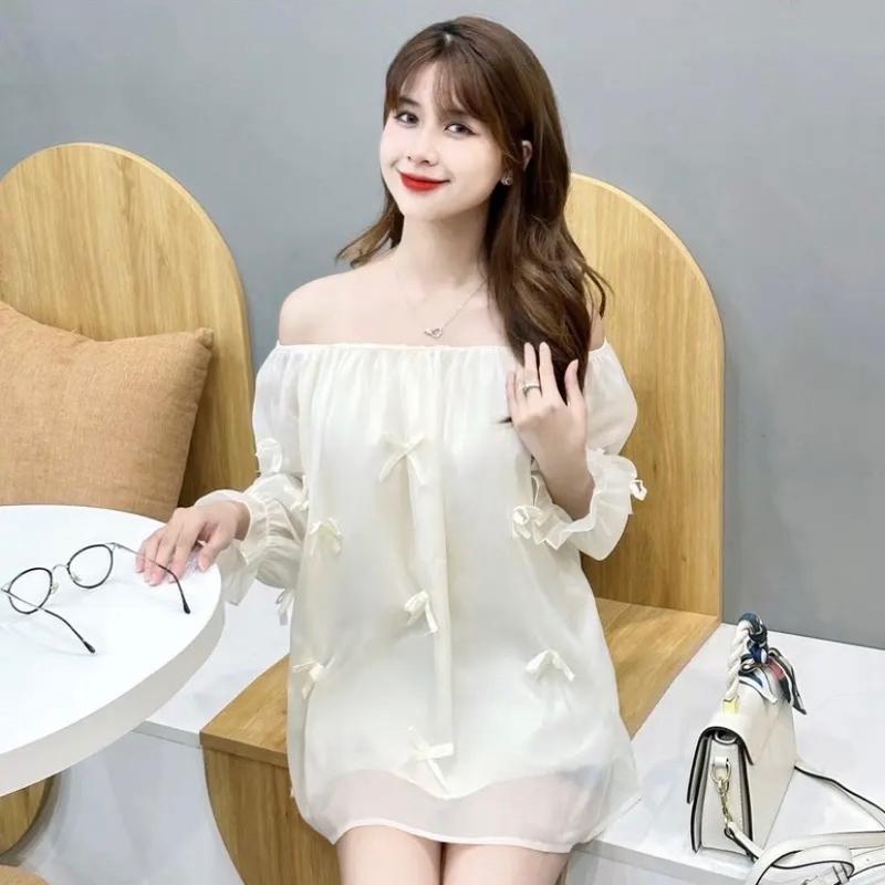 Áo kiểu Áo trễ vai xòe tà đính nơ bánh bèo phối tay bồng cực điệu Nữ Cotton 