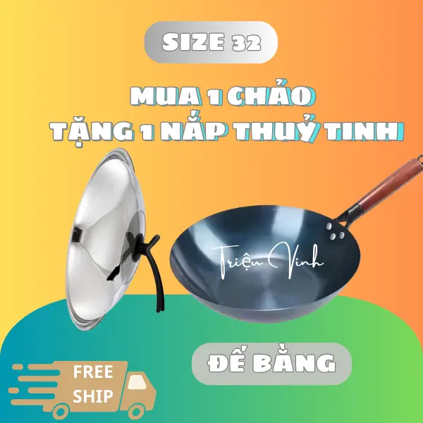 Chảo thép gia dình đế bằng size 32 - Mua 1 chảo tặng 1 nắp thuỷ tinh