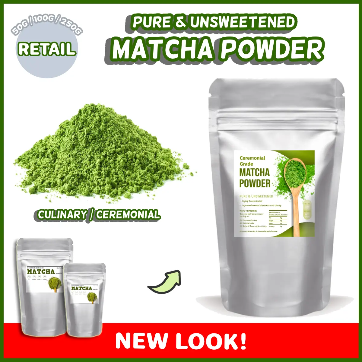 Zenfiber Organic Pure Matcha Powder - Ceremonial/Culinary Grade (250g/100g/50g)