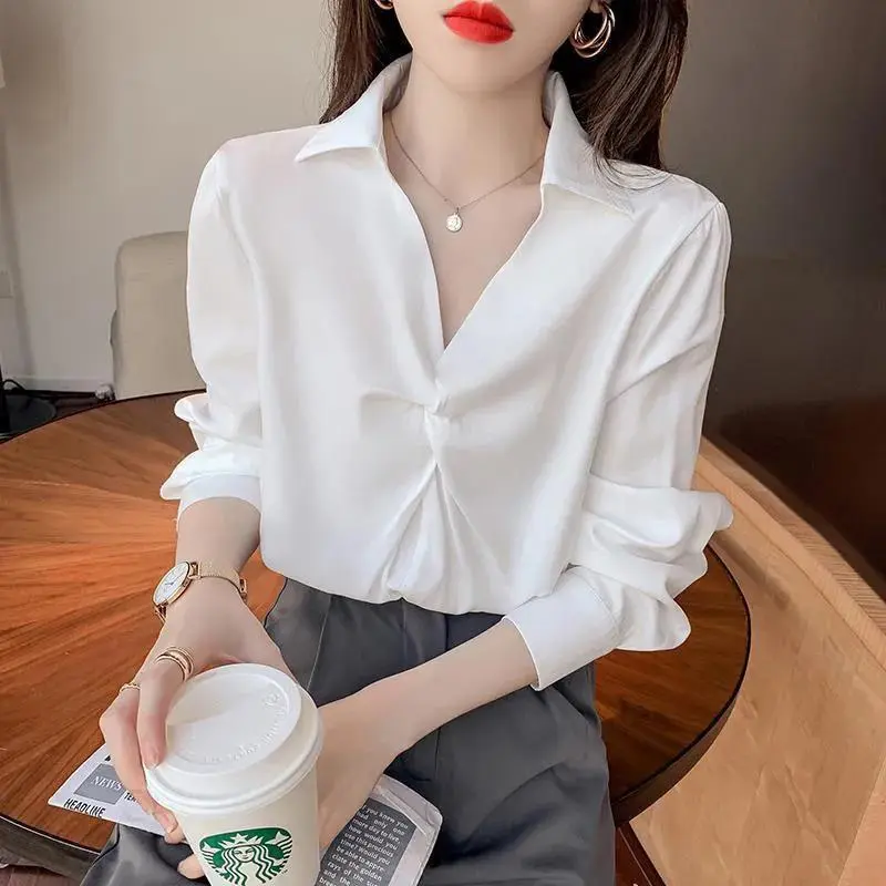 Áo Sơ Mi Lụa Giả Cho Nữ, Áo Dài Tay, Thiết Kế Mới, Thời Trang Đặc Biệt, Đa Năng, Duyên Dáng, Lớp Cơ Sở, Mùa Xuân 4