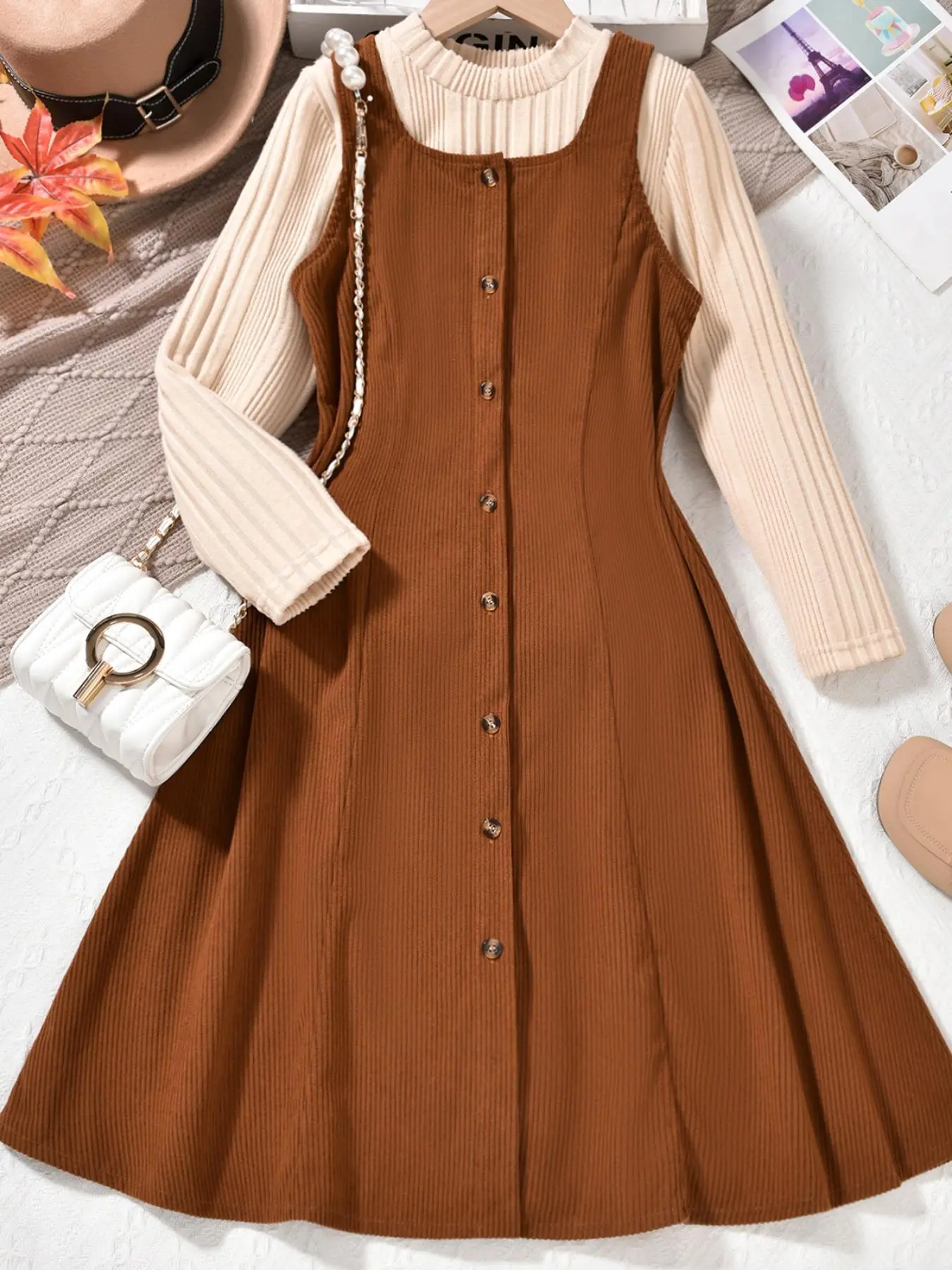 Girl's Solid Button Front Pinafore Dress & Sweater Two-Piece Set, Preppy Style Long Sleeve Round Neck Dress & Jumper for Daily Wear, Girls Fancy Dress, Kids Fall & Winter Clothes