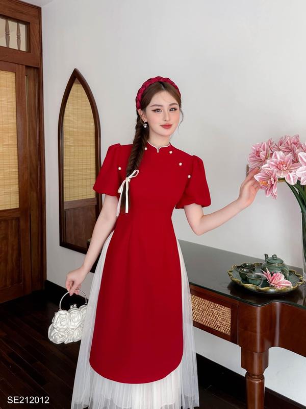 Áo dài cách tân đỏ vàng kèm chân váy xòe mặc Tết 2024 Nữ Women Kem Voan Dress Nhung Kim Tuyến