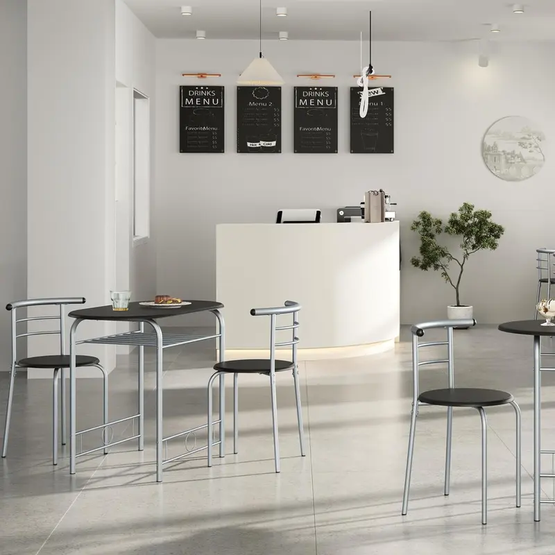 3 Piece Dining Table & Chairs Set, Compact Dining Room Set with Storage Shelf and Wine Rack, Modern Breakfast Bar Table Set for Kitchen/Apartments/Small Space, Black, 80x53x75.5cm 8