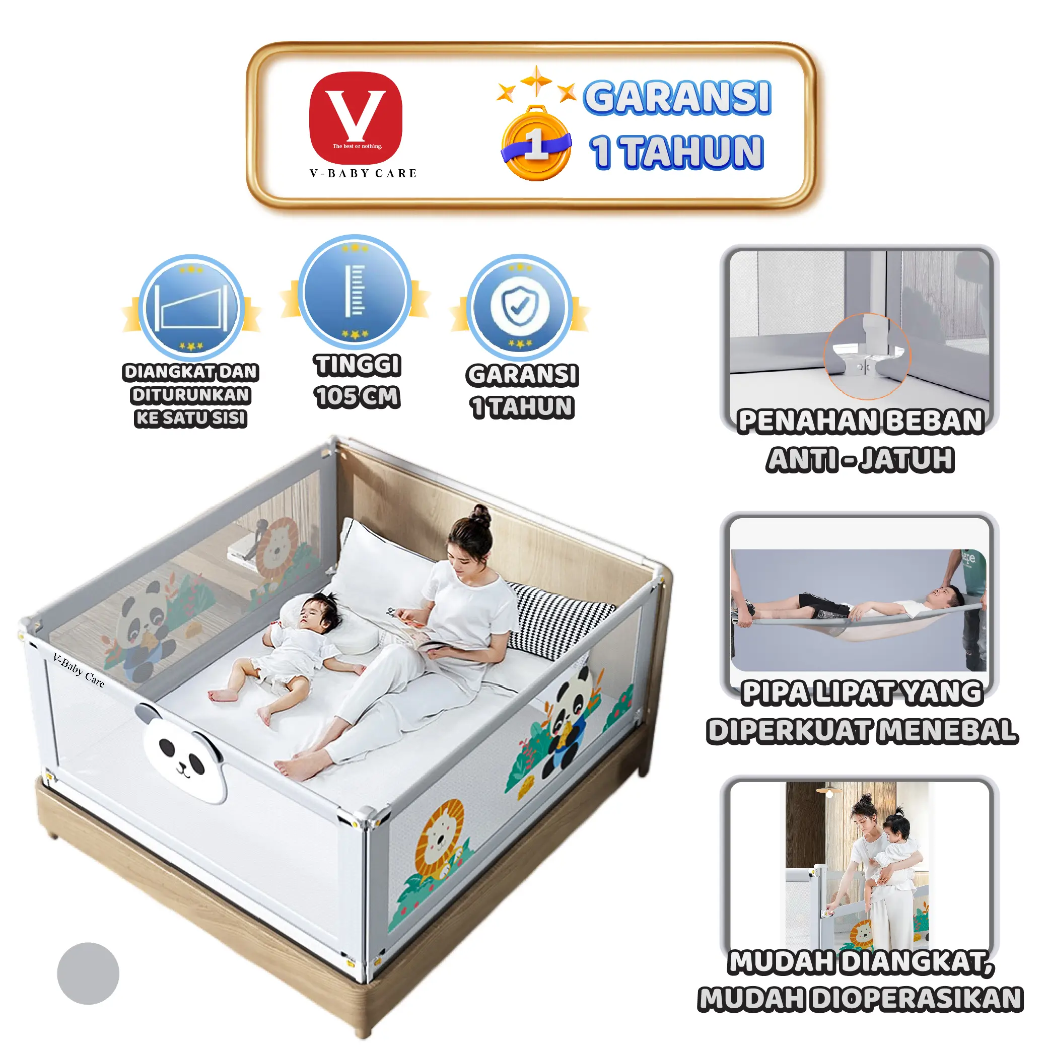 V-BABY CARE Baby Bed Rail Safety Guard Bedguard Fence Extra Tall Pembatas Pengaman Pagar Kasur Bayi Box Bayi Fence Tinggi 105 CM/VBABY-N3