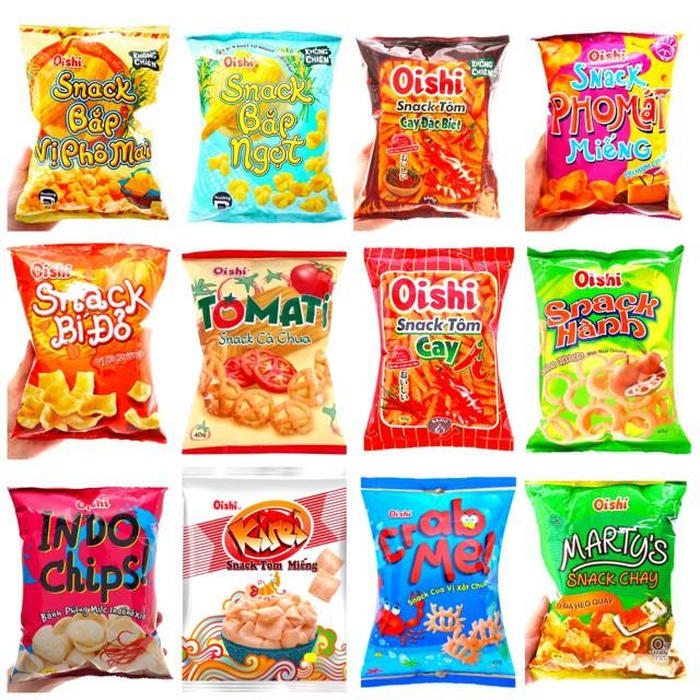 Bán sỉ bịch 10 gói Bim bim Oishi Snack trọng lượng 34g 1 gói nhiều vị thơm ngon giòn sụn