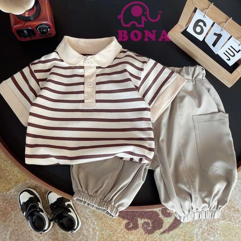  Set bộ polo bé trai áo thun cotton kẻ nâu mềm mịn co giãn 4 chiều kèm quần lửng có chun 