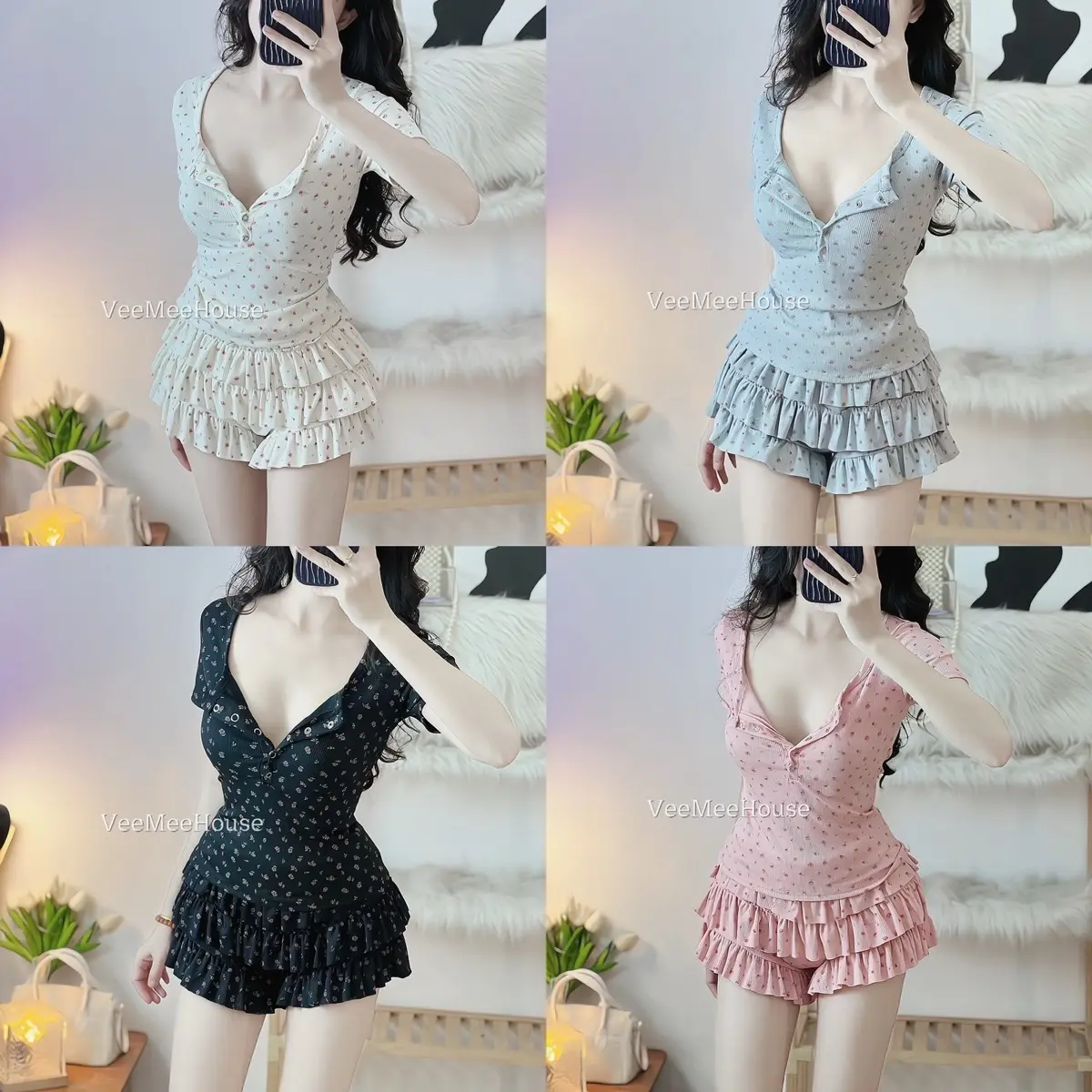 Set áo tay con hoa nhí phối quần tầng hoa nhí _VEEMEEHOUSE có tách lẻ