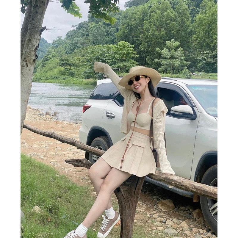 BIGSIZE HIẾU HIẾU (55-95KG) - Set 3 món nữ đi biển Áo khoác len tay dài + Áo bra 2 dây +  Chân váy xếp li dáng ngắn