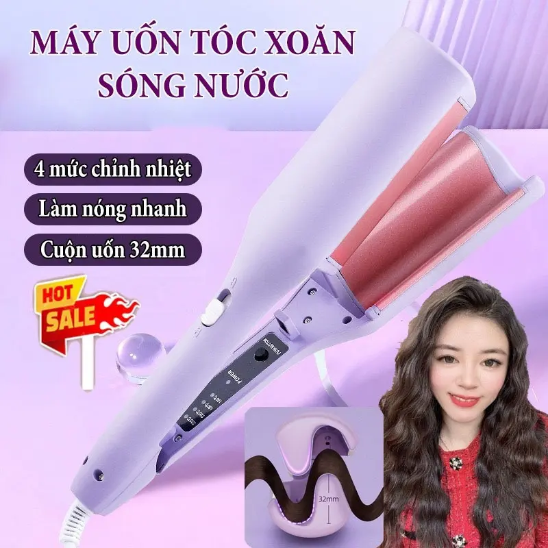 Máy Uốn Tóc Xoăn Sóng Nước Hippie 32mm Chất Liệu Gốm Sứ Ceramic Cao Cấp - 4 Mức Chỉnh Nhiệt