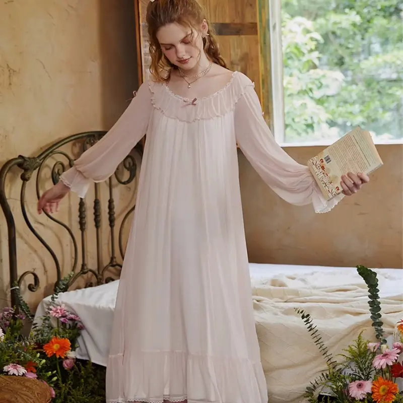 SP.355 Váy ngủ tiểu thư voan ren mềm, thun cotton cổ tròn tay bo bồng dễ thương hàng Quảng Châu cao cấp 0