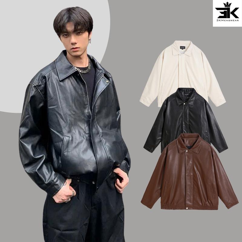 Áo Khoác da unisex from rộng , áo khoác varsity dài tay khóa kéo nam nữ  size từ 45-95kg áo chống nắng camlprovie Jacket Menswear  Màu Đen Kem Có Cổ
