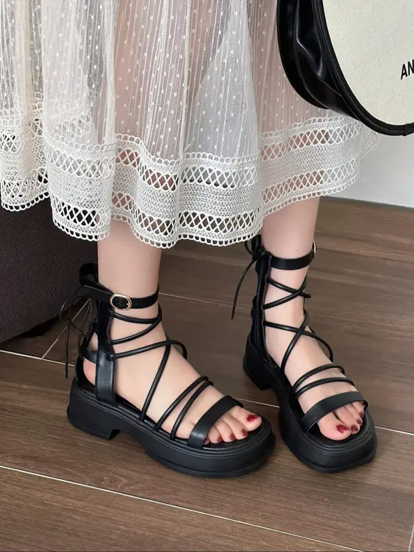 Women's Fashionable Solid Color Side Zipper Sandals, Casual Versatile Platform Sandals for Summer, Lightweight Breathable Comfortable Shoes for Daily Wear, Girl 8