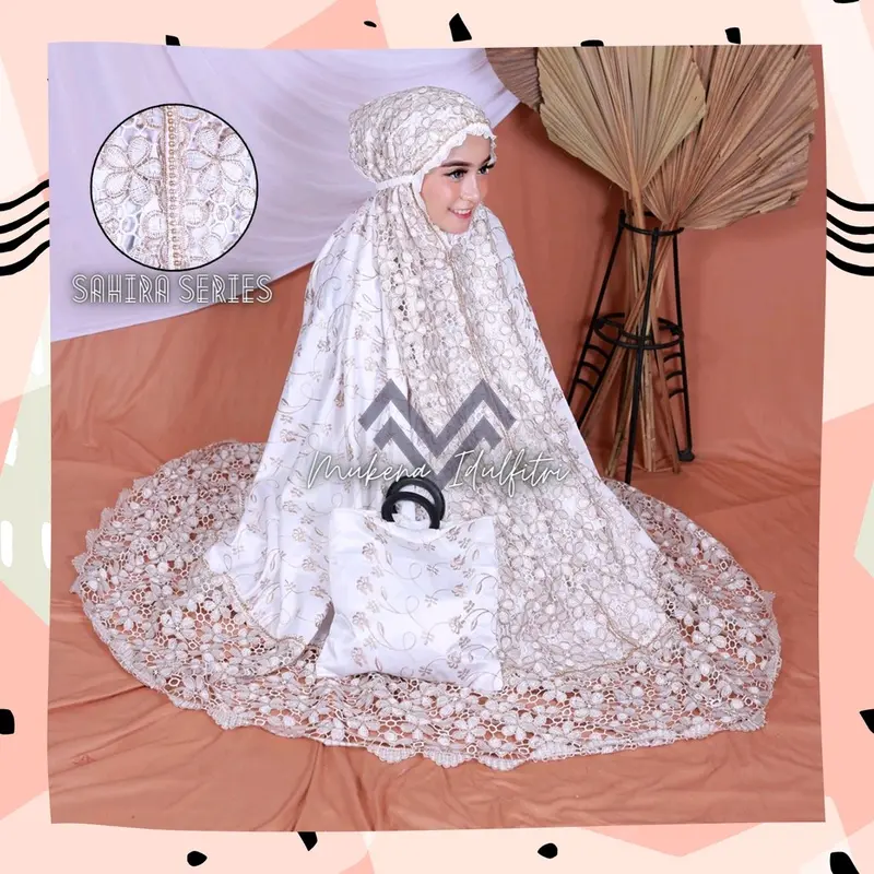 Mukenah Sutra Prada Mukena Dewasa Motif Bordir Mewah Bahan Adem Telekung Jumbo Jilbab Putih Premium Fashion Wanita Alat Sholat Terbaru Terlaris 2023 2024 Bunga 3
