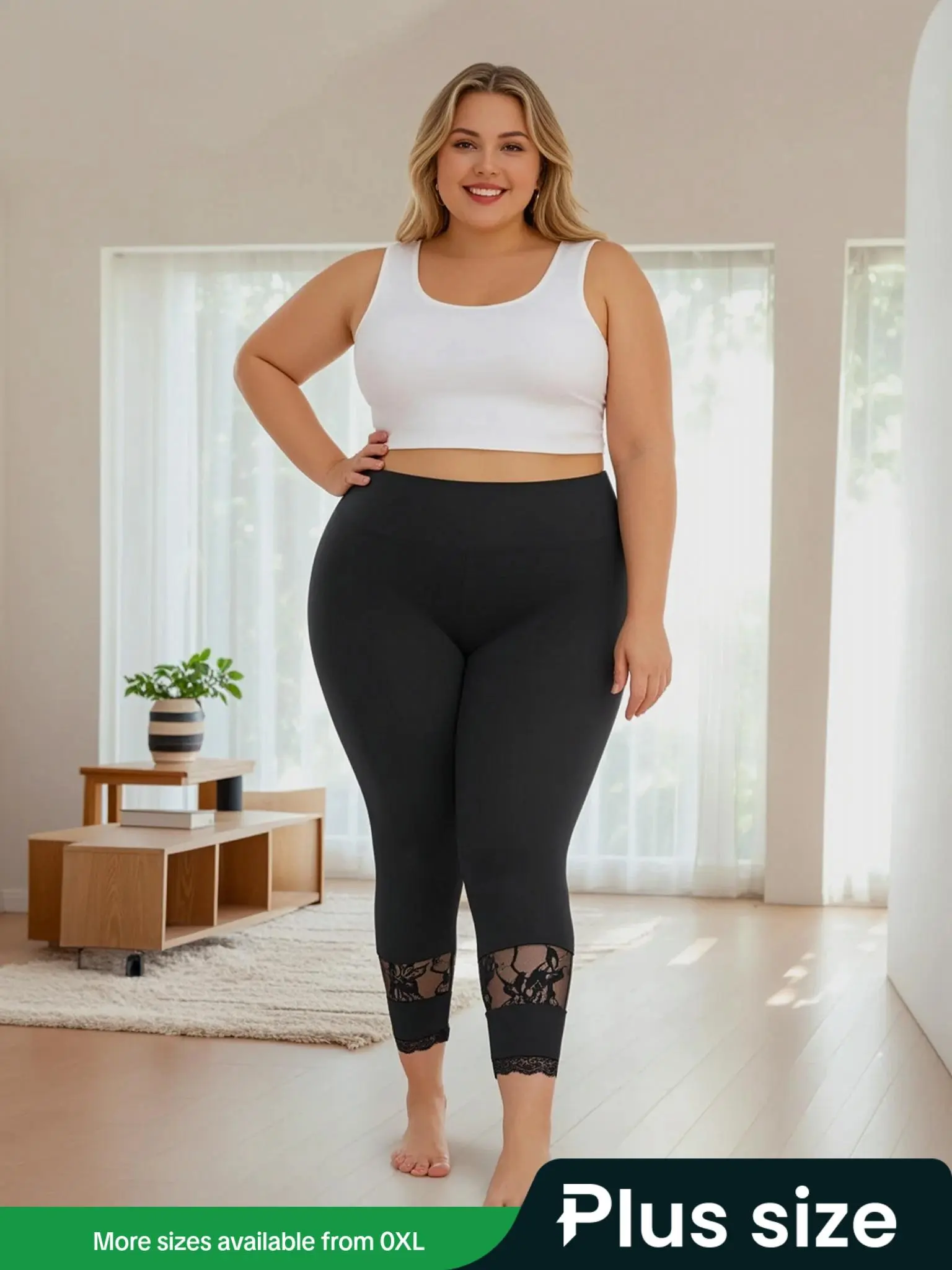 【Plus Size】 Solid Contrast Floral Lace Sheer High Waist Leggings, Casual Comfy Breathable High Stretch Skinny Pants for Daily Wear, Women's Bottoms for All Seasons