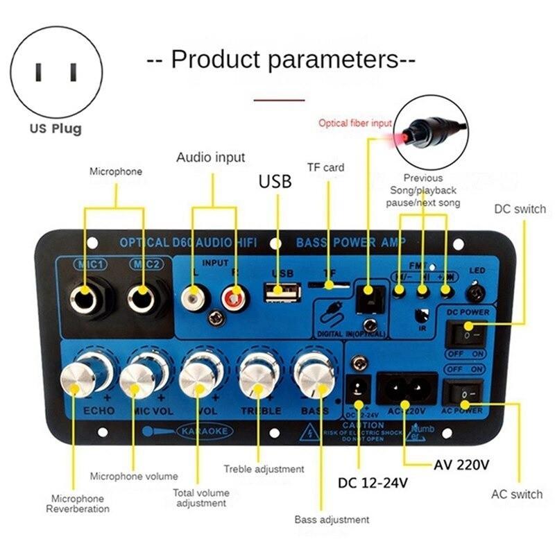 Product Introduction of [Local Shipment] 35-1000W D60 D50 D10 Digital Bluetooth Amplifier Board Bluetooth USB DIY Radio Subwoofer Amplifiers 12V24V220V Fiber Input Amplifier With Remote Control 35
