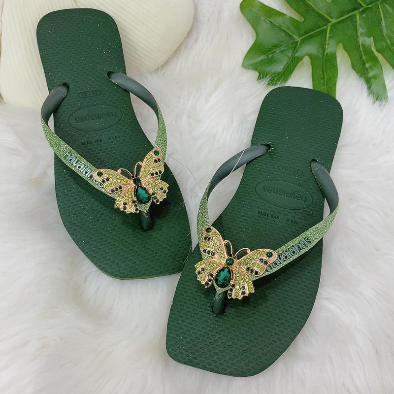 DÉP HAVAIANAS ĐẾ VUÔNG KIM TUYẾN RÊU CHARM TỔNG HỢP - LINDATRAN