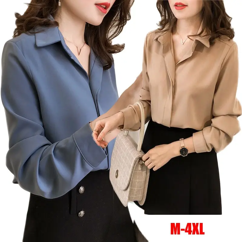 M-4XL Korean Style OL Pure Color White Shirt for Women Long Sleeve Casual Blouse Tops Fabric Womenswear
