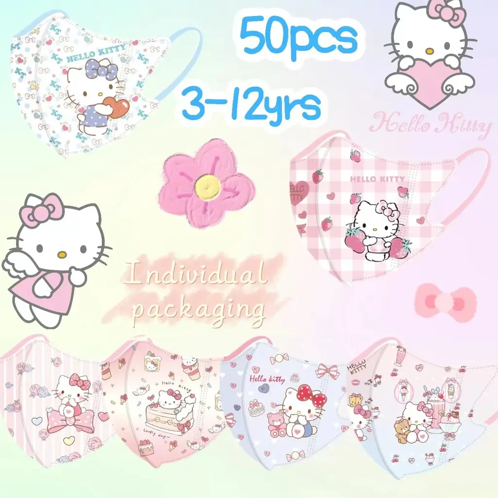 3-12age Cartoon Girls Face Mask Disposable Children Cute KT MaskIndependent Packaging50pcs Hello Kitty 3D Kids Mask