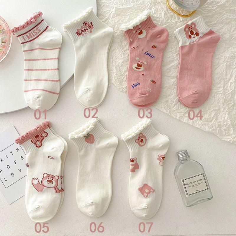 SET 10 Đôi Tất Nữ Cotton Cổ Ngắn Hoạ Tiết Gấu Dâu Hồng Siêu Hot Phong Cách Hàn (GẤU DÂU CỔ NGẮN)