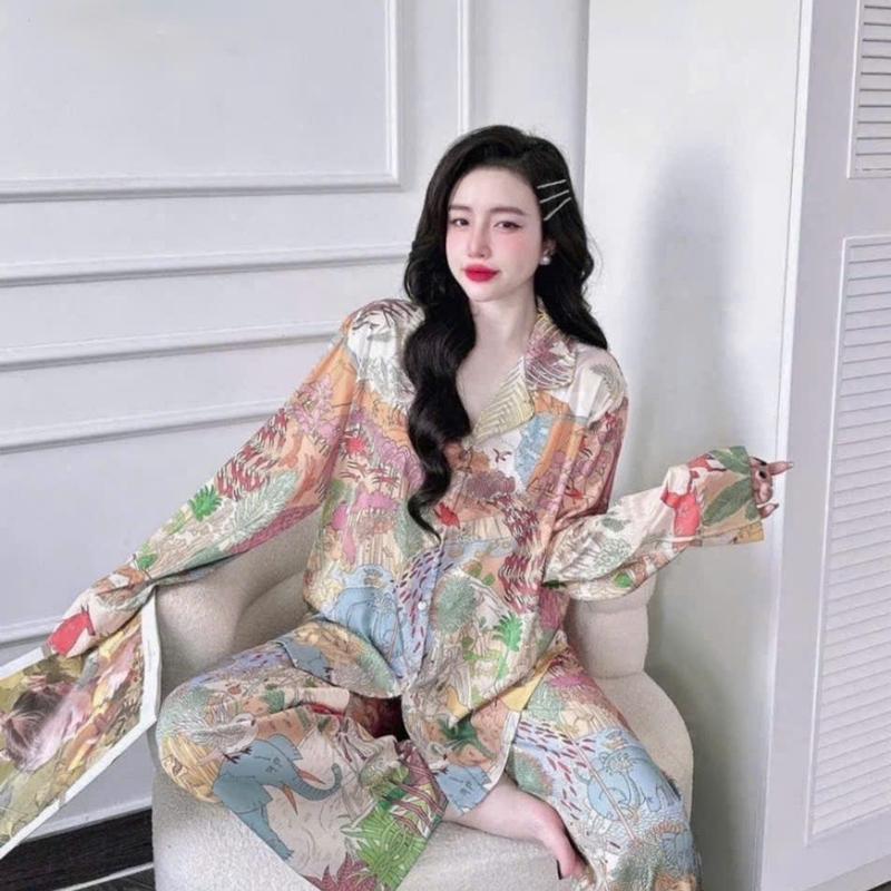 Đồ Bộ Nữ Pijama Bộ Lụa latin Tay Dài cổ sơ mi họa tiết 3