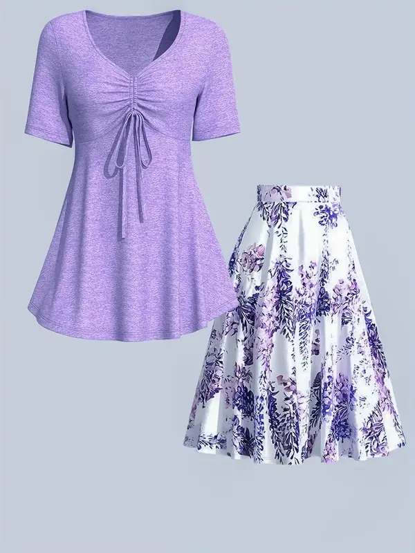 Plus Size Two-Piece Set Ruched Drawstring V Neck Tee & Floral Print Skirt Set, Summer Clothes, Short Sleeve T-shirt & Skirt Set, Co Ord Set Summer, Women's Two-piece Outfits 0