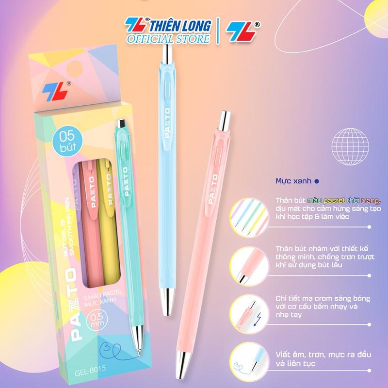 Bút gel B màu Pastel Thiên Long Pazto GEL-B015 - Mực xanh (5 cây) với thiết kế đơn giản, hiện đại, hợp thời trang, hợp xu hướng.