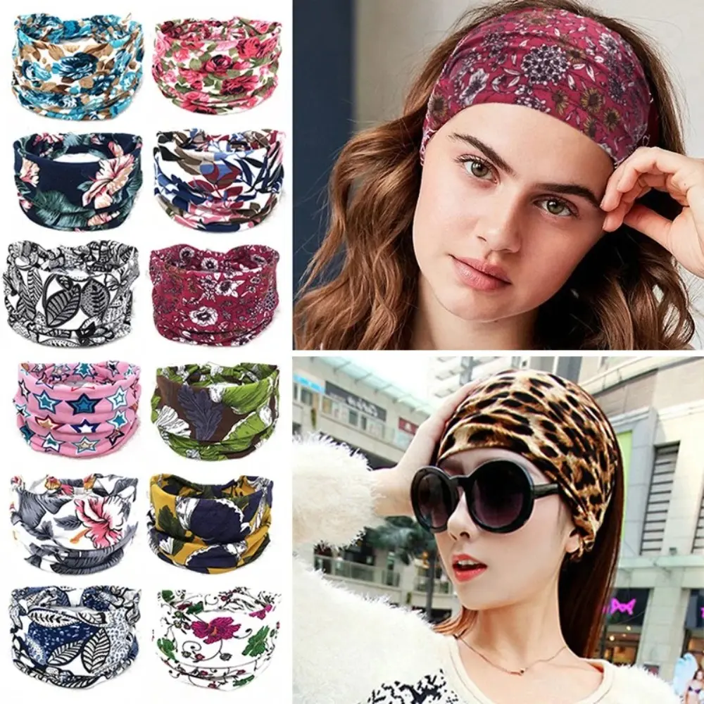 Elastic Turban Headwear Bohemian Headband Cotton Stretch Vintage Knot Yoga Hair Band Wide Casual Women Headwrap For Dance Biker