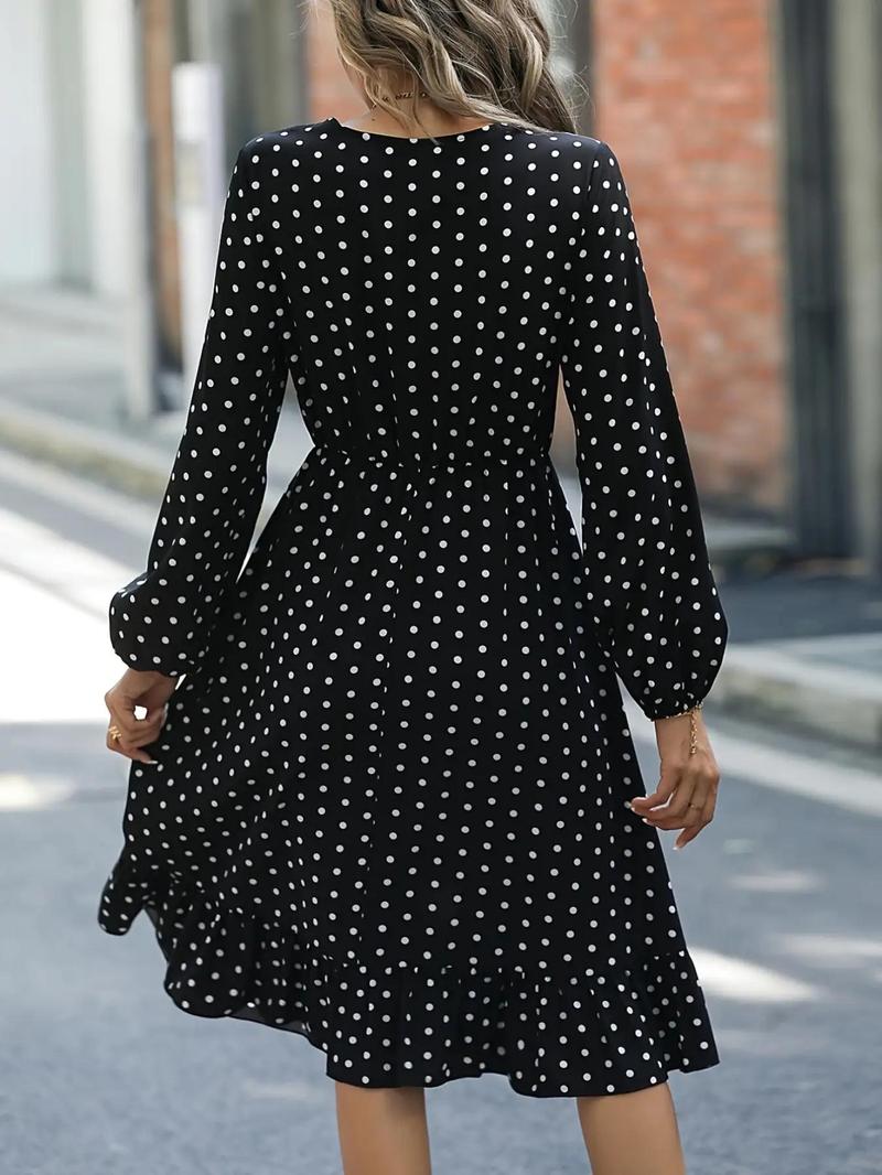 Product Introduction of Women's Polka Dot Print Ruffle Hem A Line Dress, Casual V Neck Bishop Sleeve Knee Length Dress for Summer, Fashion Women's Dresses for Daily Wear 4