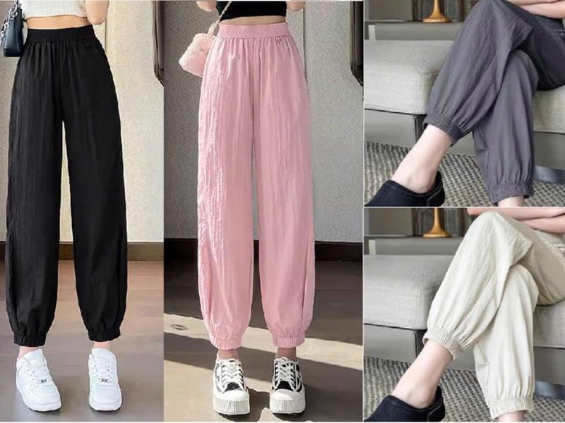  Quần jogger nữ thể thao ống rộng bo gấu dây rút vải đũi mềm mát kiểu - Quần đũi dài cạp thun chun mặc hè đi biển học gym 