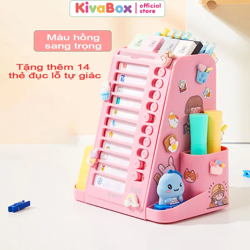 Kivabox Đồ dùng văn phòng phẩm hộp đựng bút để bàn nhiều ngăn màu sắc đa dạng 2 trong 1 gồm bảng tự kỉ luật, lên danh sách công việc cần làm dành cho các bạn học sinh Nhựa 1