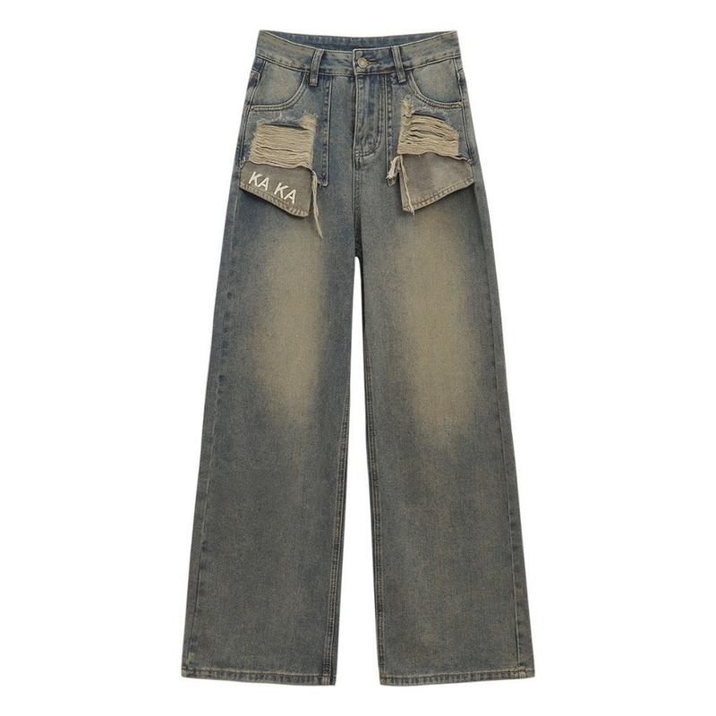 QUẦN JEANS NỮ SUÔNG ỐNG RỘNG CẠP CAO THÊU KAKA TÚI CƠI NHỌN MÀU BỤI HOTTREND Women Pants