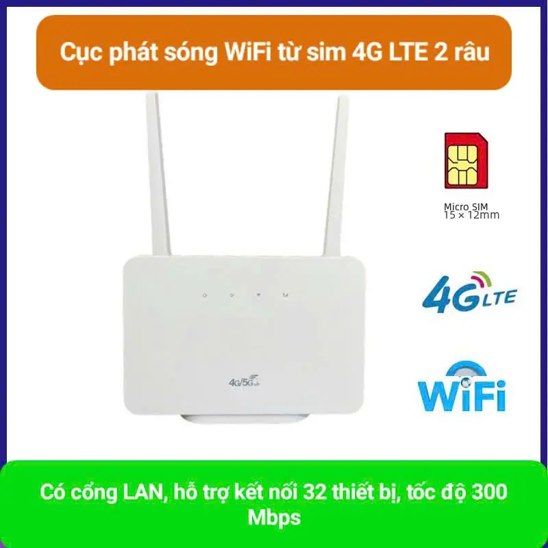 Bộ Phát WiFi 4G LTE 300Mbps - 2 Râu, Hỗ Trợ SIM, Cổng LAN, Kết Nối 32 Thiết Bị 0