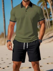 Two-Piece Set Men's Short Sleeve Top & Drawstring Waist Shorts Set, Casual Fashion Cozy Breathable Two-piece for Summer, Men Clothes for Daily Wear