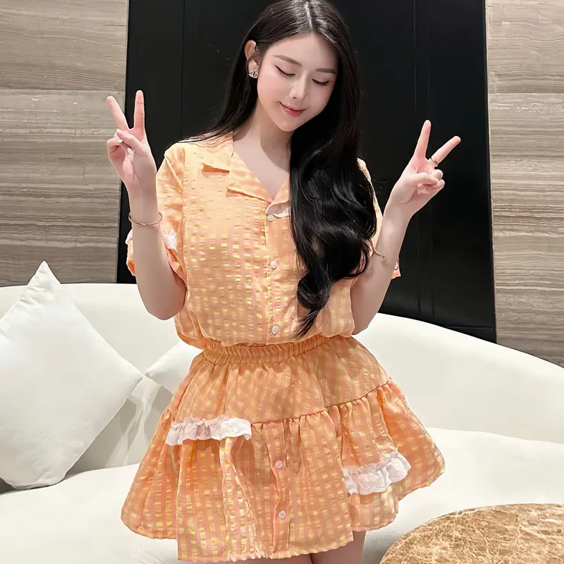 Set váy babydoll đũi caro phối ren trắng kèm chân váy bèo tiểu thư  - Set bộ đồ nữ  kẻ caro mix chân váy 4