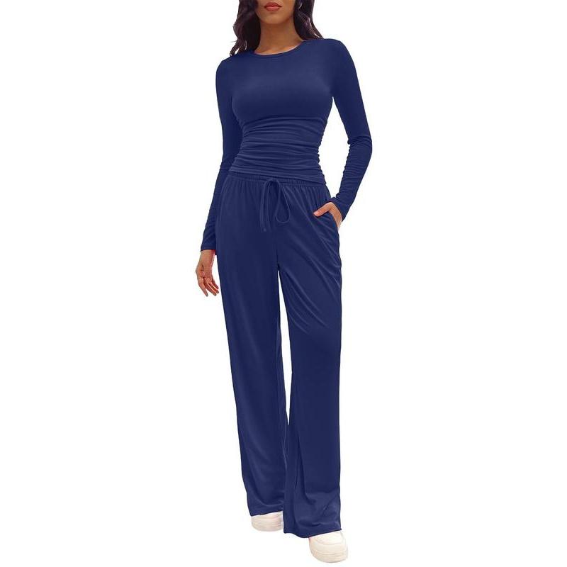 Two-piece Set Women's Solid Ruched Tee & Drawstring Pocket Pants Lounge Set, Casual Long Sleeve T-shirt & Elastic Waist Trousers, Pyjamas for Women, Ladies Sleepwear for All Seasons,  Lounge Tracksuit Women 4