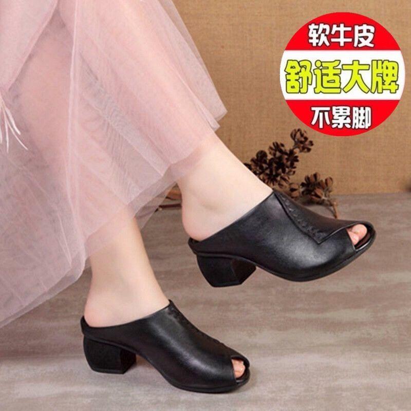 Dép Lê Ngoài Trời, Da Thật Cổ Điển Hở Mũi, Gót Trung Bình Đế Mềm, Thời Trang, Gót Chunky, Dễ Phối Đồ, Dép Lười Nửa Gót, Dành Cho Nữ 2