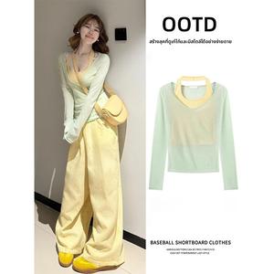 Women's Slim Mint Green Blouse Set Two-Piece Set Tank Top Spring and Summer Dopamine Set Lightweight Blouse Good ventilation Sheer top set Slimming suit