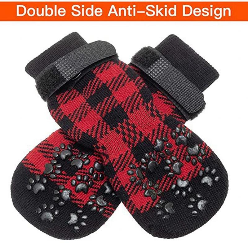 Product Introduction of 4Pcs Winter Warm Dog Socks Adjustable Anti Slip Skid Pet Shoes Socks Soft Breathable Paw Protector for Small Puppy Cat Dogs 3