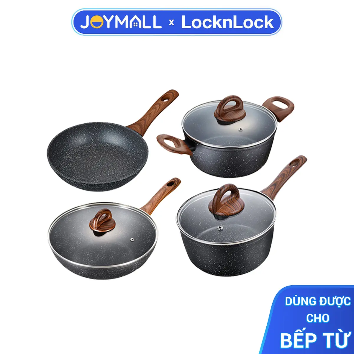 Nồi Chảo Nhôm Chống Dính Lock&Lock Baum Marble Nhiều Size - Hàng Chính Hãng, Tay Cầm Kiểu Gỗ - JoyMall