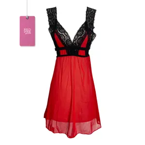 [ RedPink ] Nightdress Tidur Lingerie  Premium Wanita Dewasa Big Size Jumbo Desain Transparan Addict Menggoda Type V-Neck Renda Hitam Soft Lace Corak Flow Romantic Strap Pundak Lebar Elastic Mid Back Style Free G-String Colour Comfortable Sifon Good #18