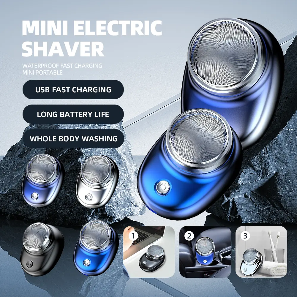2PCS Mini Black Blue Gradient Electric Shaver Portable Pocket Shaver Men's Travel Bag Washable Front Shaver Set