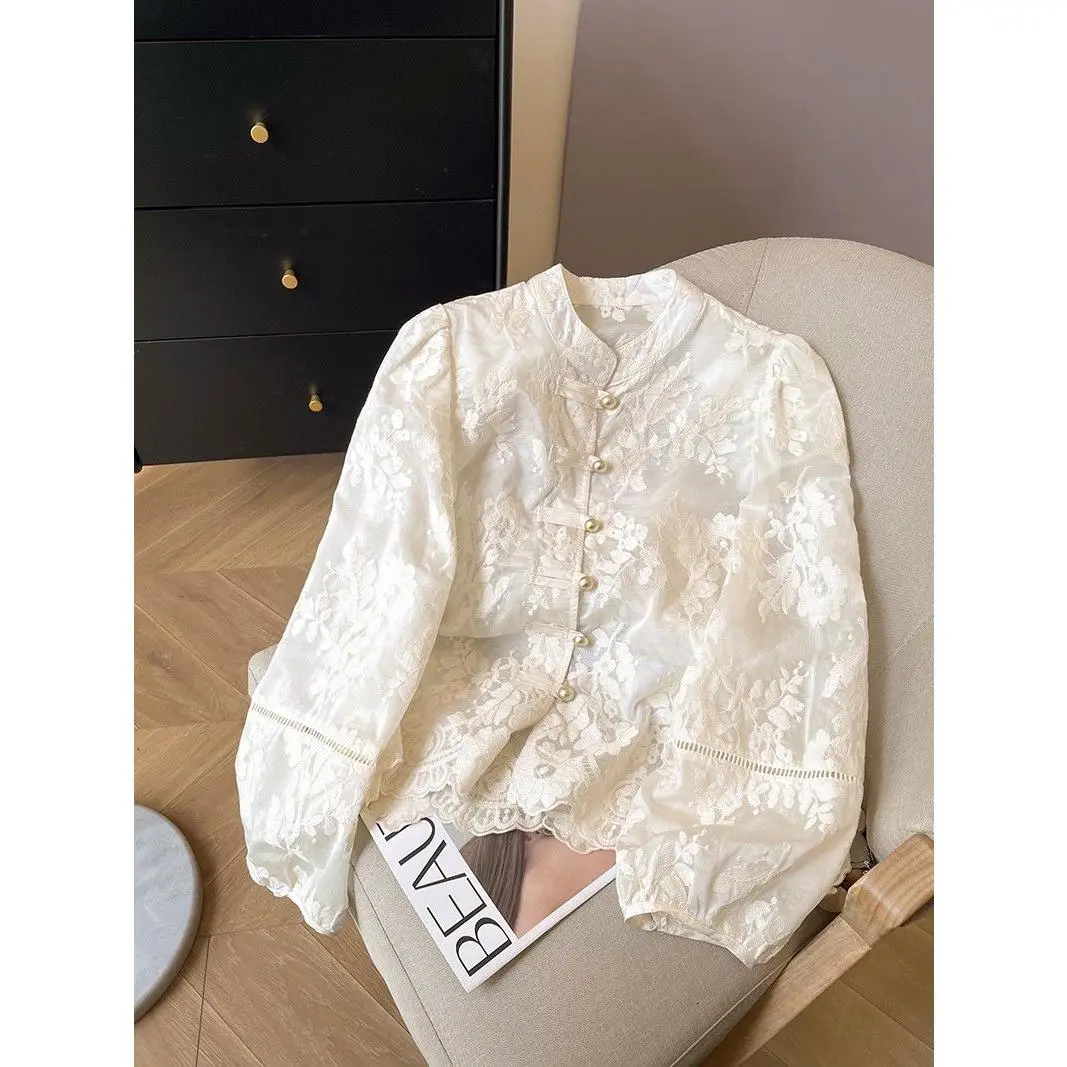 Thời trang nữ，Áo Sơ Mi Phong Cách Truyền Thống Trung Quốc, Thời Trang, Thiết Kế Ren Và Thêu Nút Thắt Nút Trung Quốc, Dành Cho Nữ, Bộ Sưu Tập Xuân Mới 2024, Dễ Phối Đồ, Thiết Kế Phong Cách Phương Tây, Áo Sơ Mi Độc Đáo
