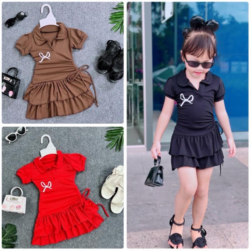 Đầm Body Hai Tầng Xoè Cổ Trụ Nơ Xinh Xắn Cho Bé Gái