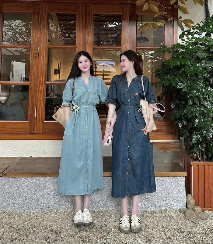 vay đầm jeen cổ đức dáng dài buộc dây eo siêu xinh chất jeen cao cấp 2 màu y hình cho nữ Women XL Purple váy sơ mi dáng suông jolli dress damvay dutie đáng yêu đường thêu