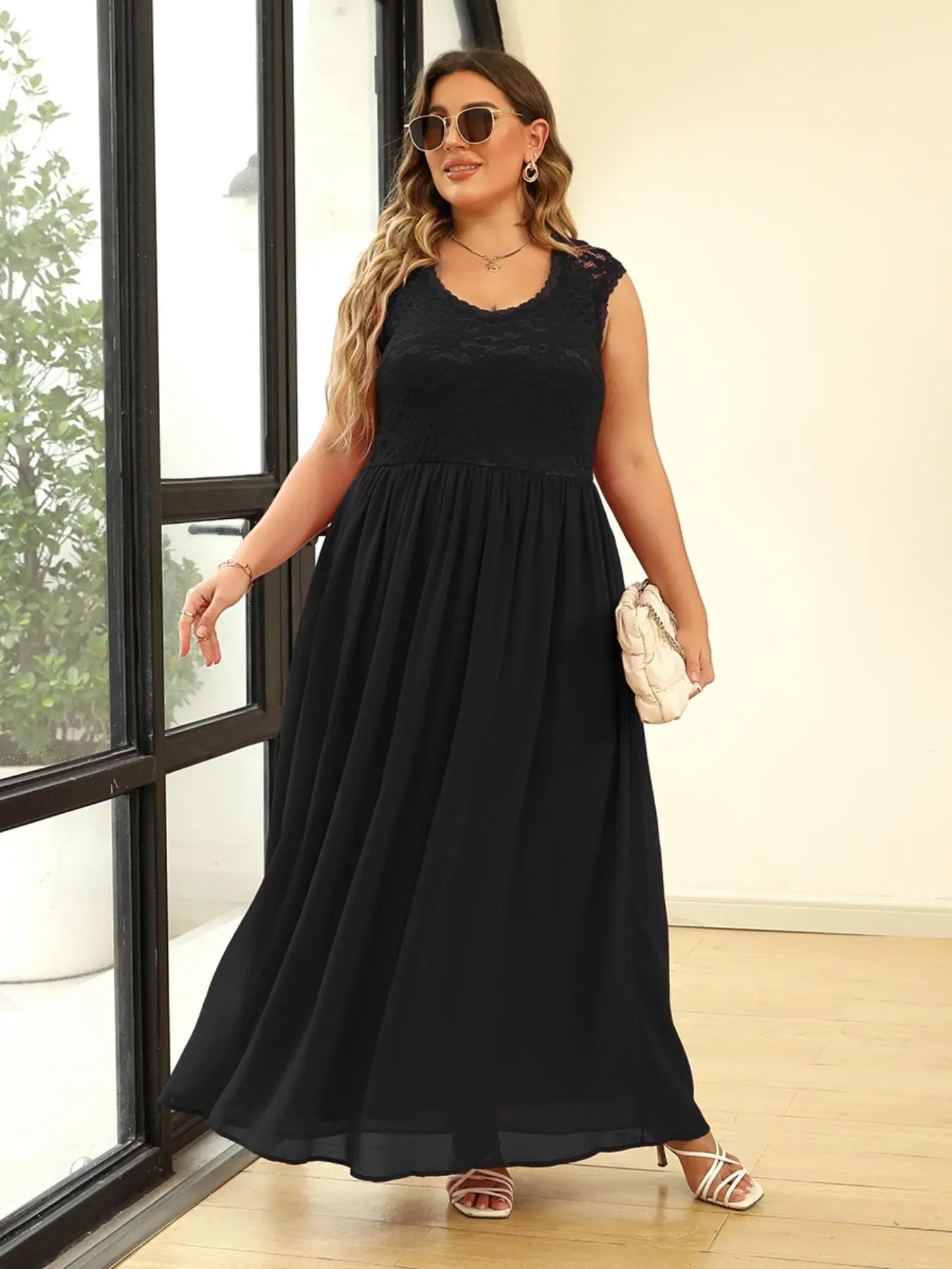 【Plus Size】 Contrast Lace Sleeveless Dress, Elegant V Neck Long Dress for Party Wedding Guest, Women's Clothes for Summer