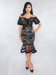 Women's Off The Shoulder Floral Lace Mermaid Dress, Elegant Contrast Mesh Ruffle Hem Midi Dress, Ladies Summer Clothes for Party Wedding Guest